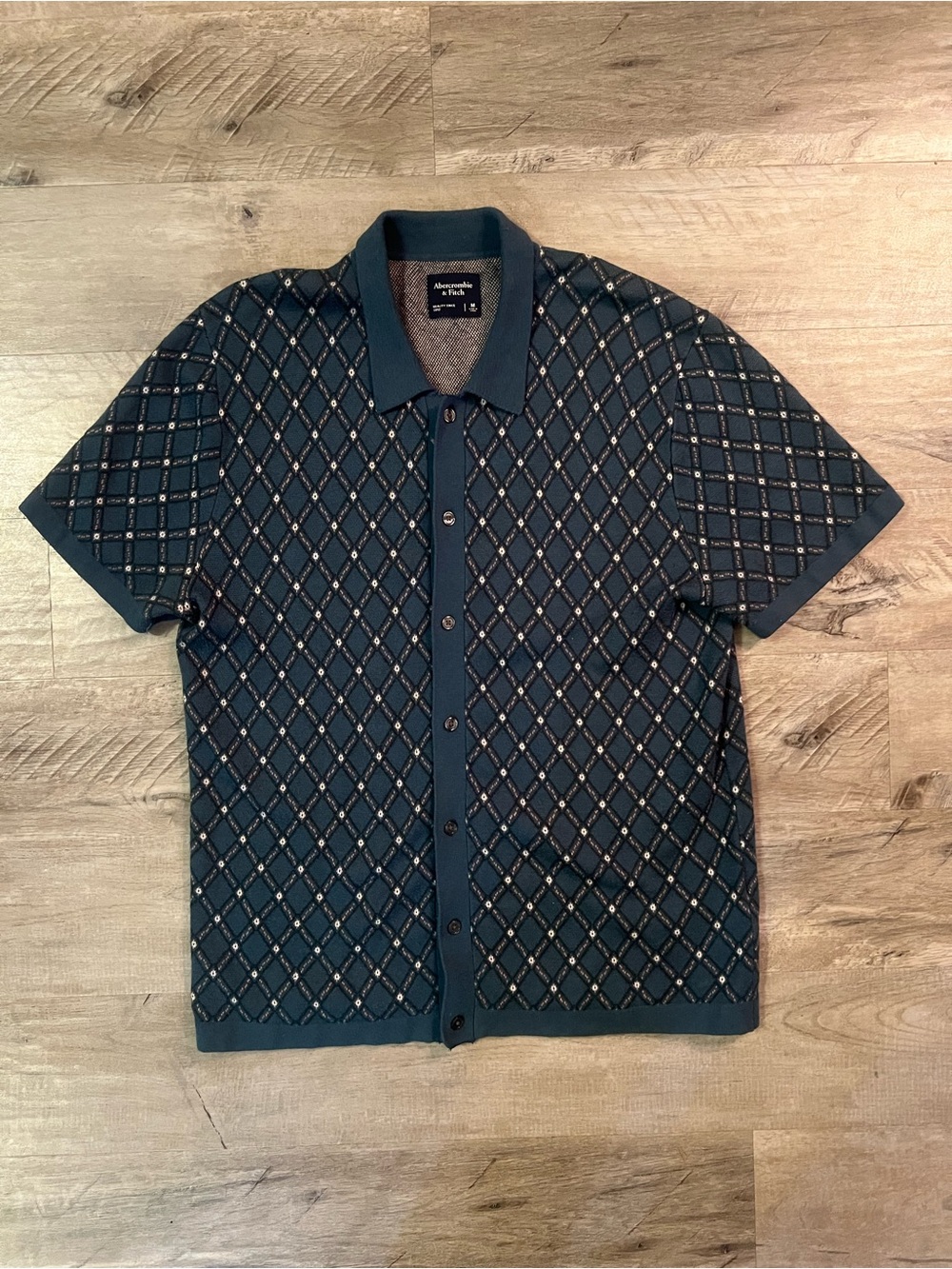 Abercrombie Fitch Polo Sweater Mens Medium Teal Diamond Pattern Cotton Ribbed